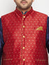 Vastramay Men's Plus Size Maroon Zari Weaved Nehru Jacket With Curved Kurta Dhoti set